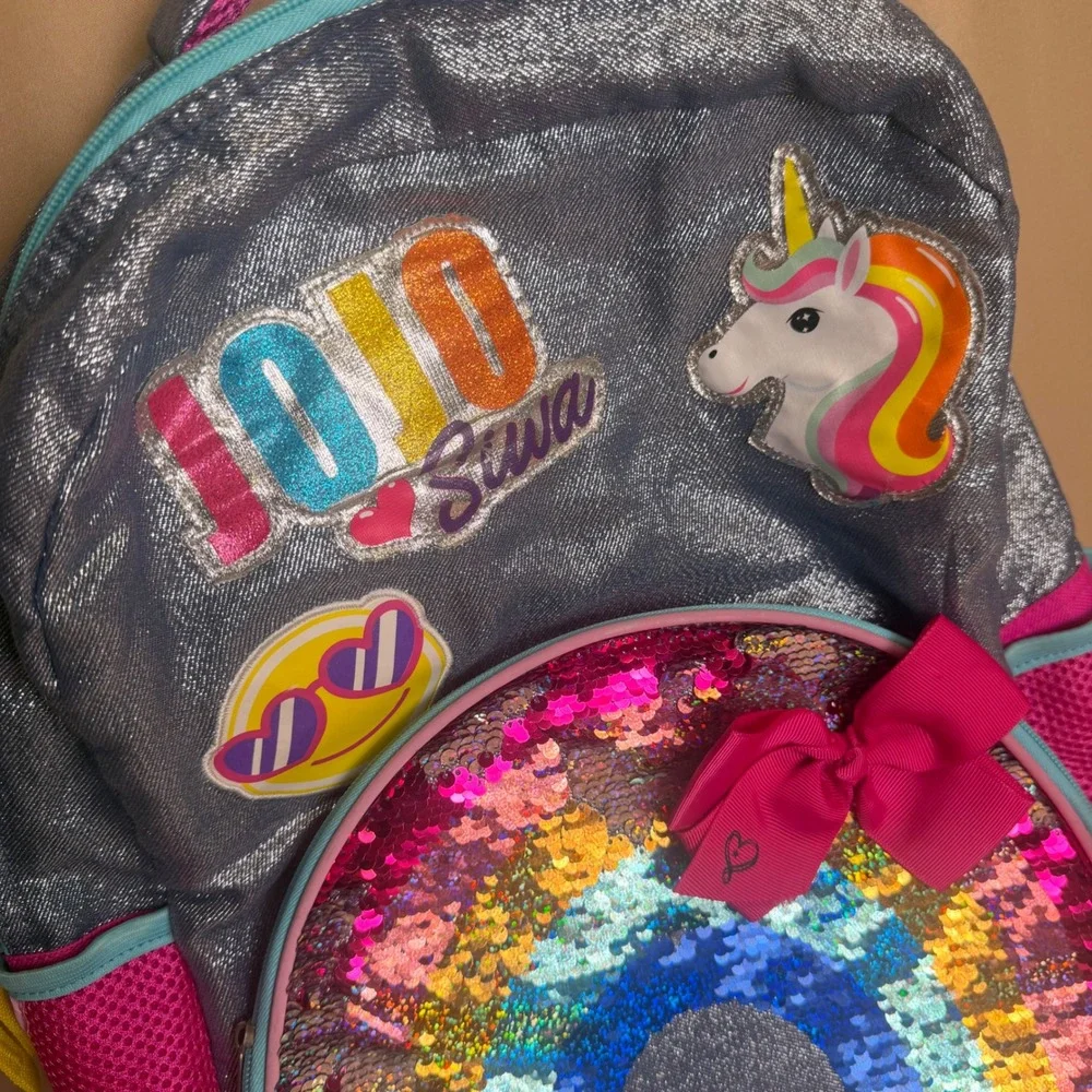 JoJo Siwa Girls 17 Inch Backpack Rainbow Flip Sequin Silver Glitter Unicorn Bow